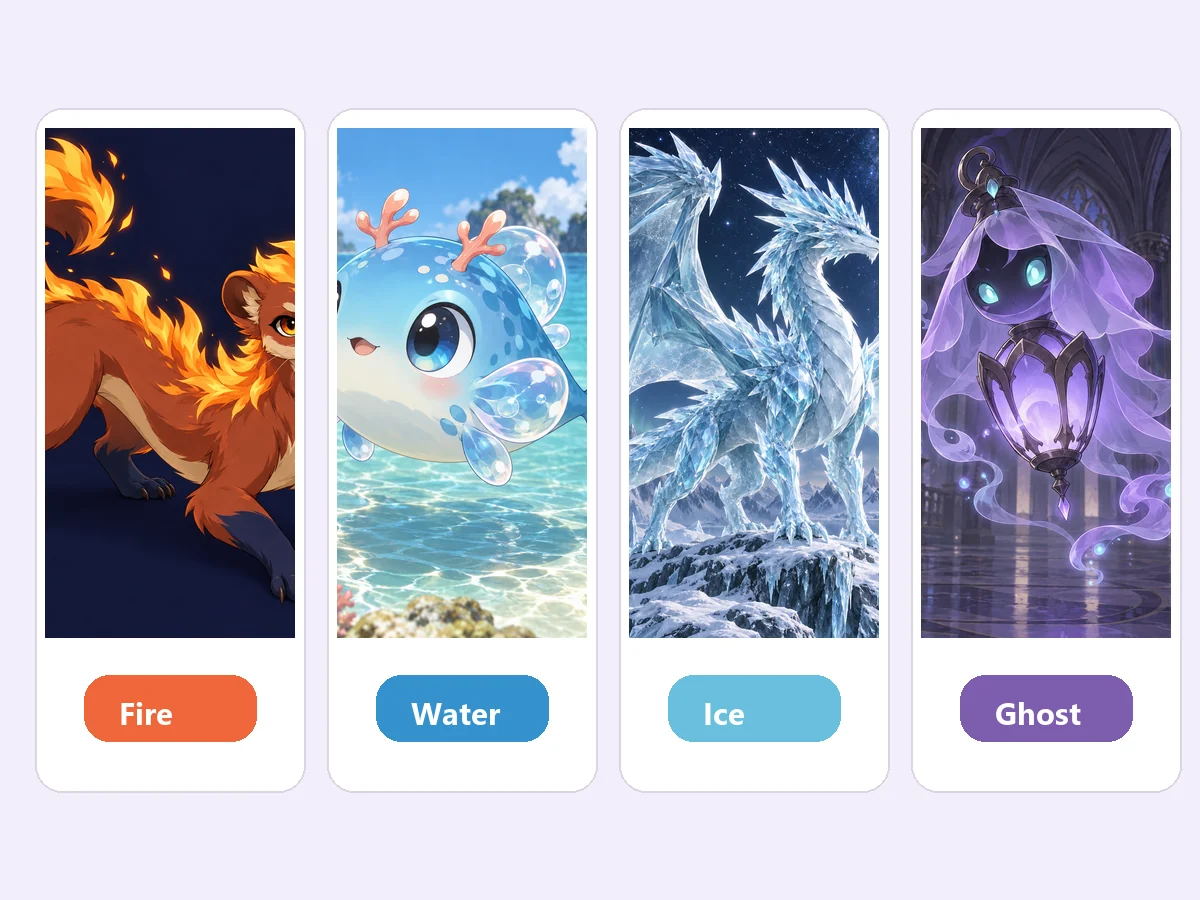 Four original creatures labeled Fire, Water, Ice, and Ghost
