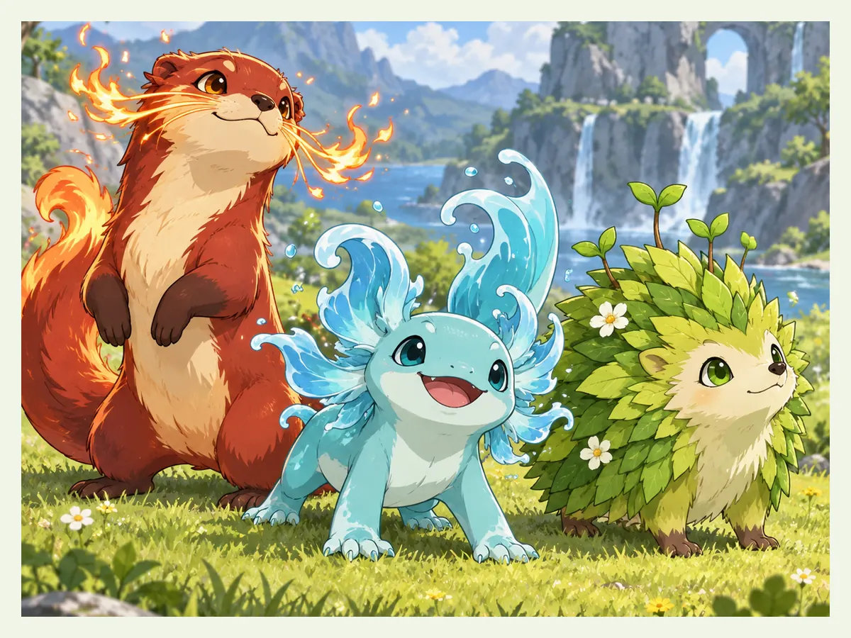 Team picture of three original starter creatures on a sunny grassy hill
