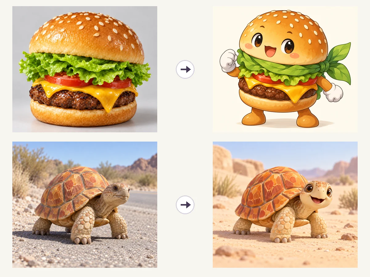 A cheeseburger and a tortoise photo turned into original cartoon creatures