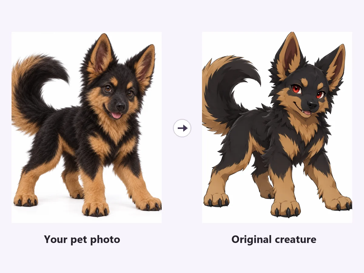 A black-and-tan puppy photo next to the original creature the AI made from it