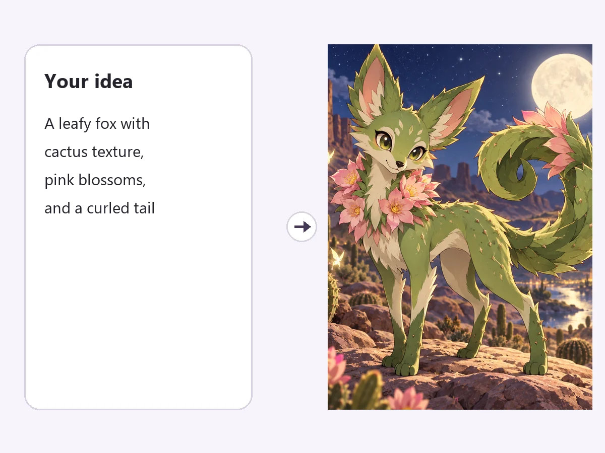 A written creature idea next to the blossom cactus fox the AI Pokemon generator drew from it