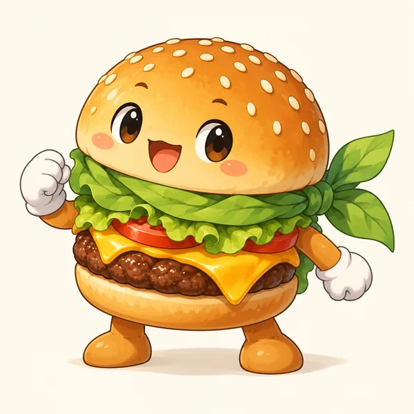 Cheeseburger turned into an original cartoon food creature with gloves
