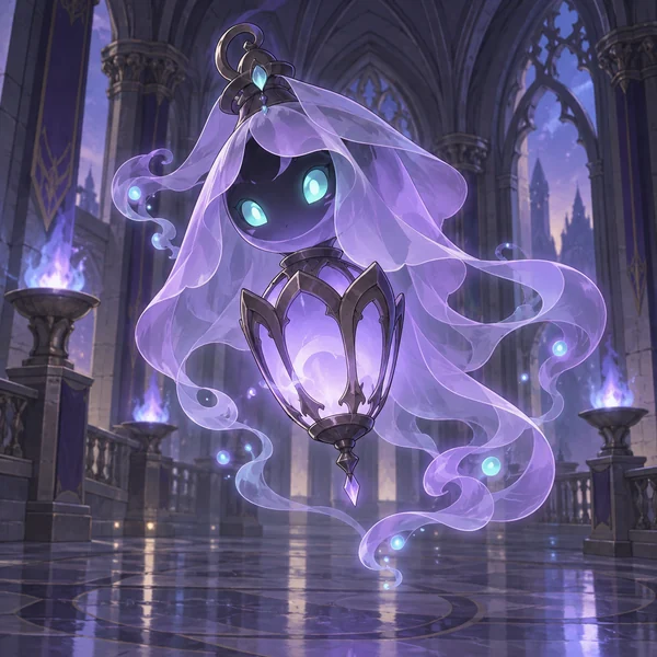 Original ghost creature with tattered veils floating in a gothic hall