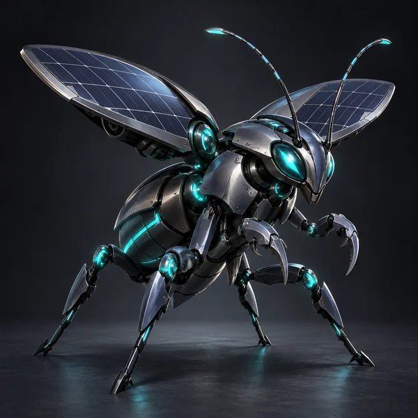 Original Steel-type robot beetle creature with solar-panel wings and glowing joints