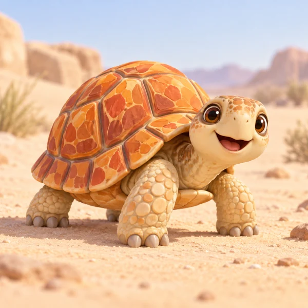 Original cartoon tortoise creature with an orange shell made from a tortoise photo