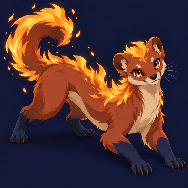 Original Fire-type mongoose creature with flames on its back and tail