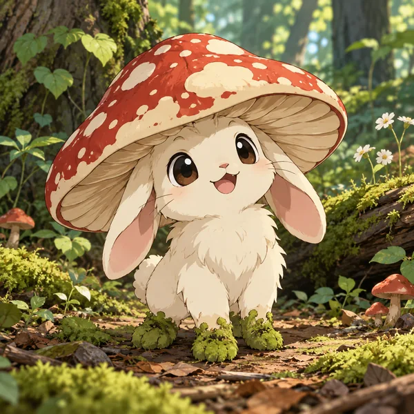 Original baby bunny creature wearing a red spotted mushroom cap