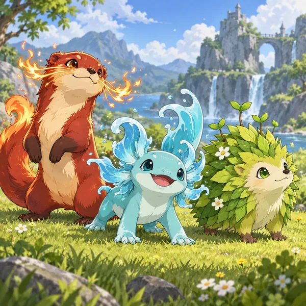 Three original starter creatures standing together on a grassy hill