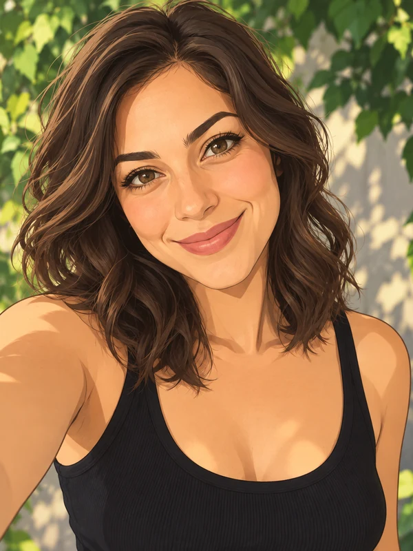 Anime-style selfie of a smiling woman with wavy brown hair