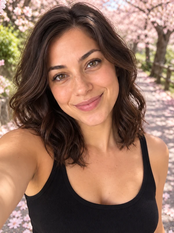 Woman taking a selfie under pink cherry blossom trees