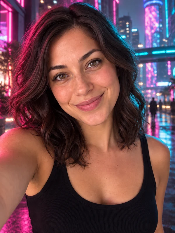 Selfie of a woman lit by pink and blue neon in a futuristic city