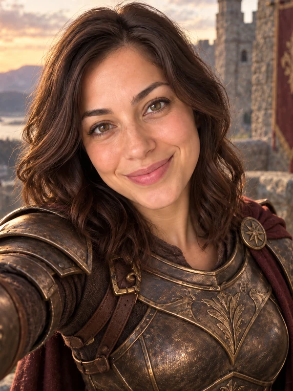 Selfie of a woman in dark fantasy armor in front of a castle