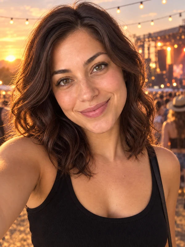 Selfie of a woman at an outdoor summer festival at sunset