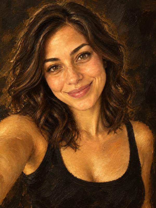 Oil painting style selfie portrait of a smiling woman