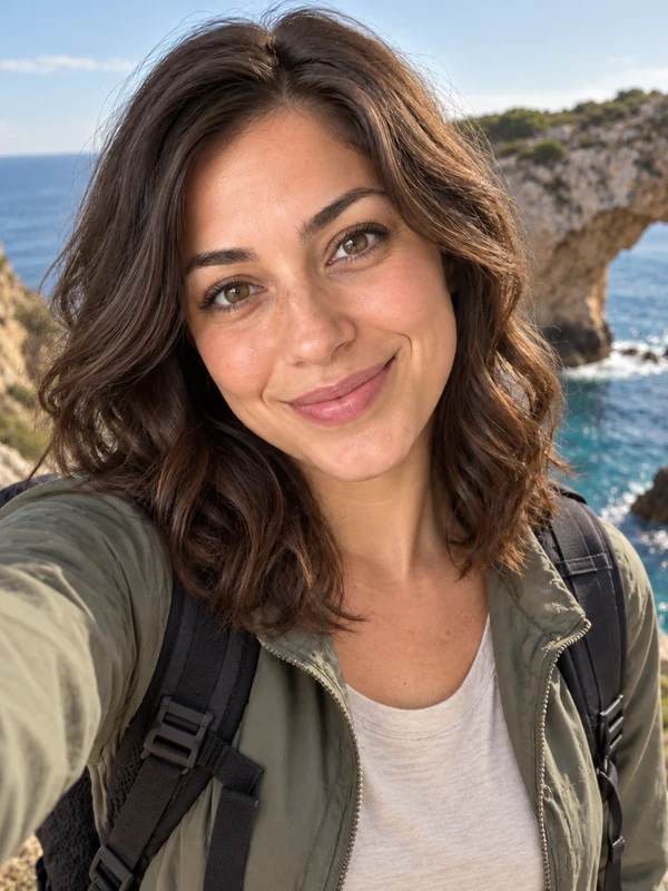 Smiling woman with a backpack taking a selfie in front of a rocky sea arch