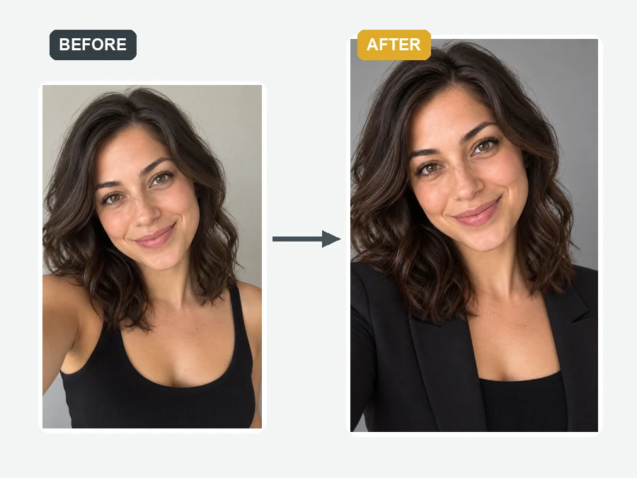 A casual selfie turned into a professional headshot with a blazer and gray studio backdrop