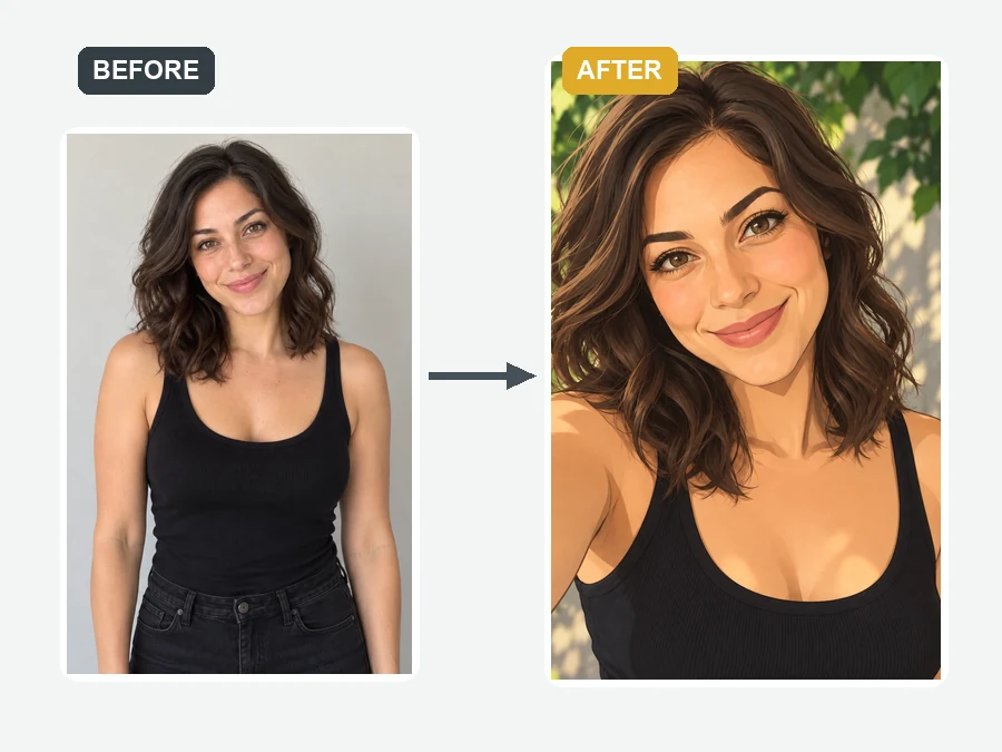 Before and after: an everyday photo of a woman and her anime selfie version