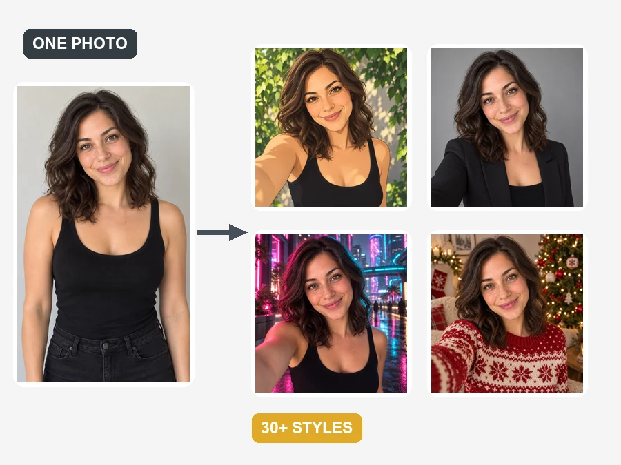 One photo of a woman branching into anime, pro headshot, cyberpunk neon, and festive selfie versions