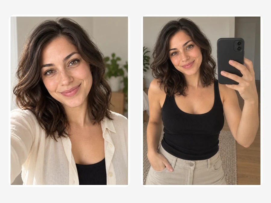 Two realistic phone-camera selfies: a window-light close-up and a mirror selfie