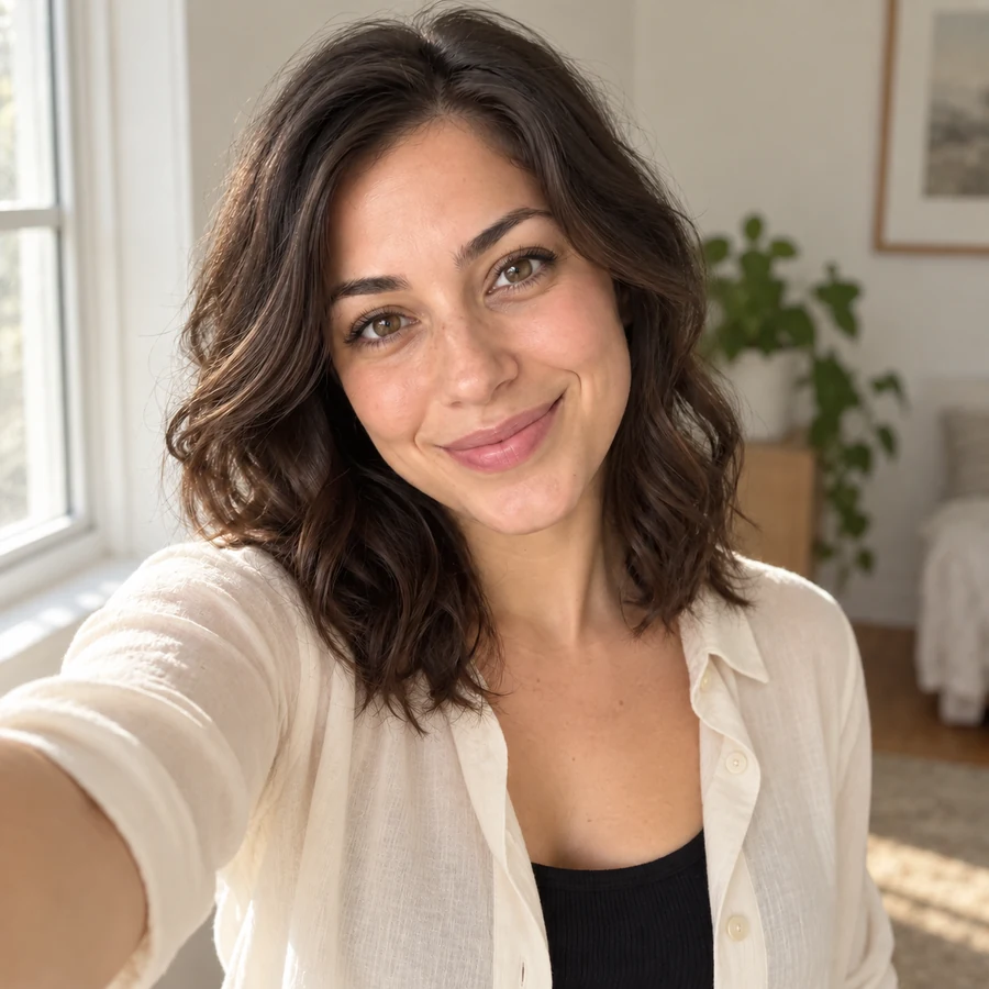 Natural window-light selfie of a smiling woman with long dark hair