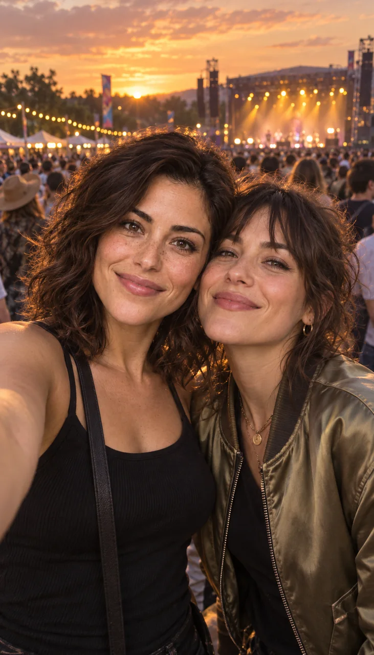 Selfie at an outdoor music festival at sunset
