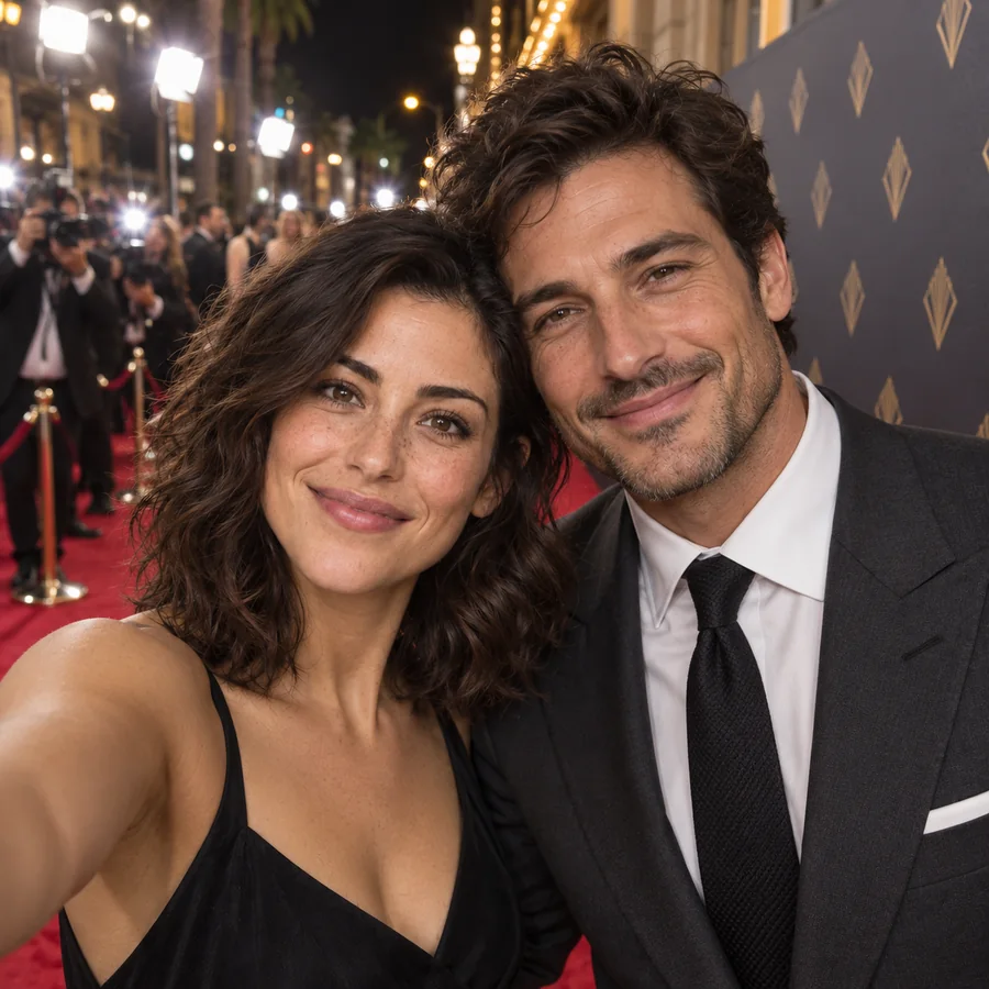 Movie premiere scene with flashing cameras