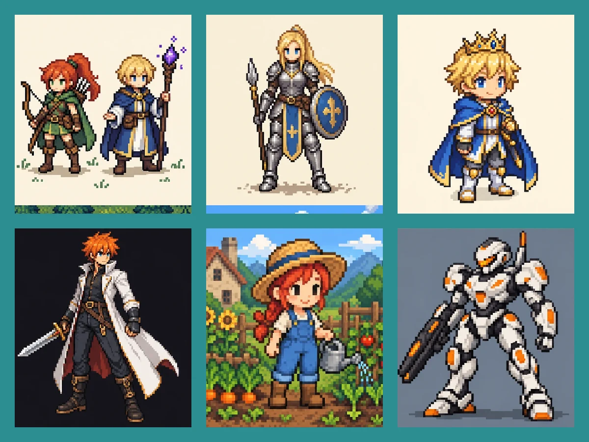 A cast of pixel art character sprites in different outfits and weapons