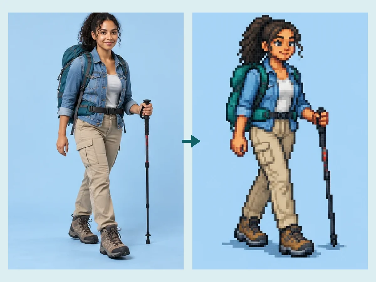 A photo of a hiker turned into a 2D game sprite with the image to sprite converter