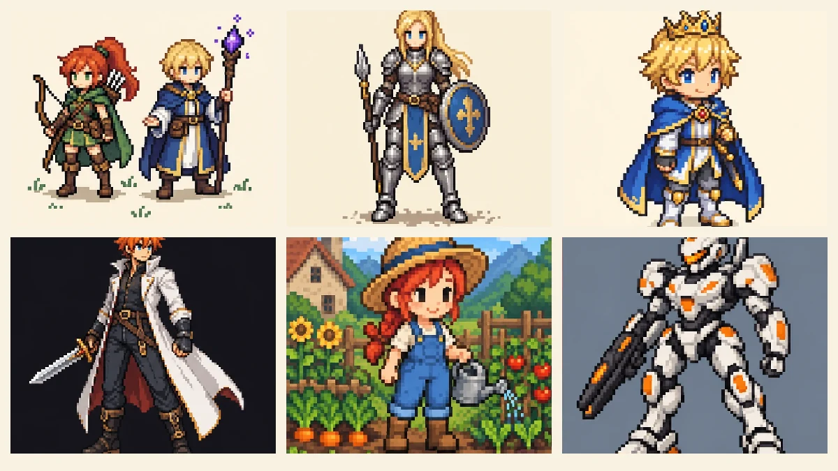 Two rows of pixel art fantasy heroes with swords, shields, and staffs