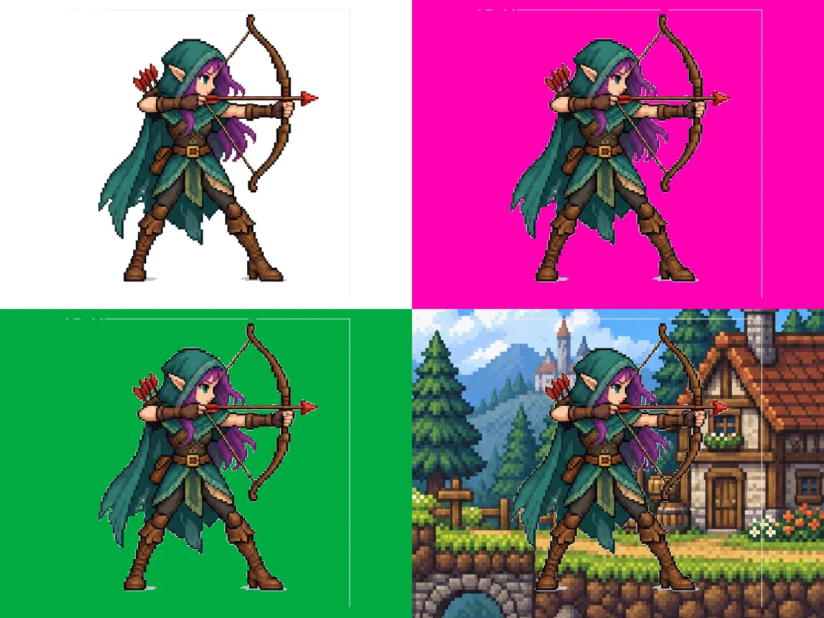The same elf archer sprite on white, magenta, green, and game-scene backgrounds