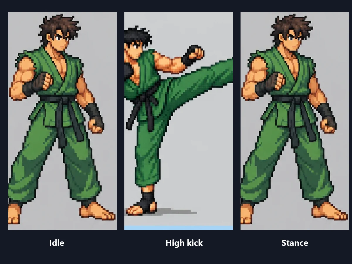 Three animation frames of a pixel fighter: idle, high kick, and fighting stance