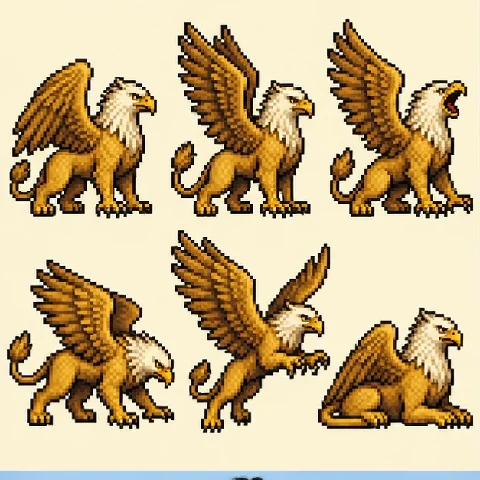 Pixel creature sprites of small green dragons and golden griffins
