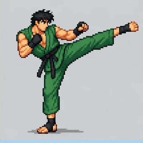 Pixel fighting game sprite of a martial artist in green throwing a high kick