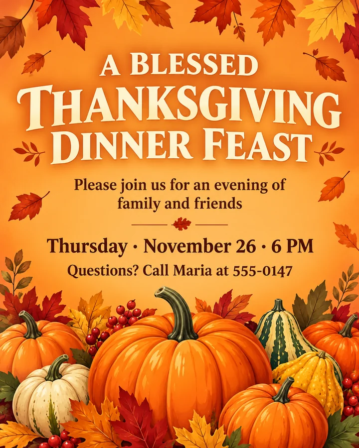 AI Thanksgiving feast flyer with pumpkins on an orange background and the words A Blessed Thanksgiving Dinner Feast