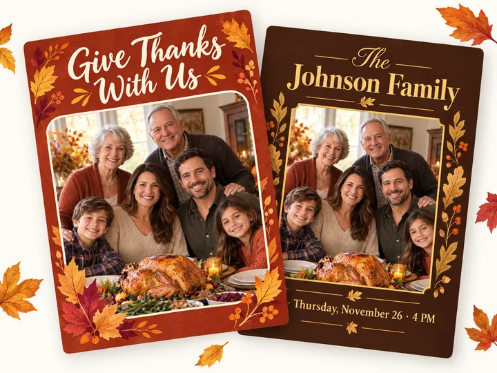 Friendsgiving and Thanksgiving dinner party invitations with family photos