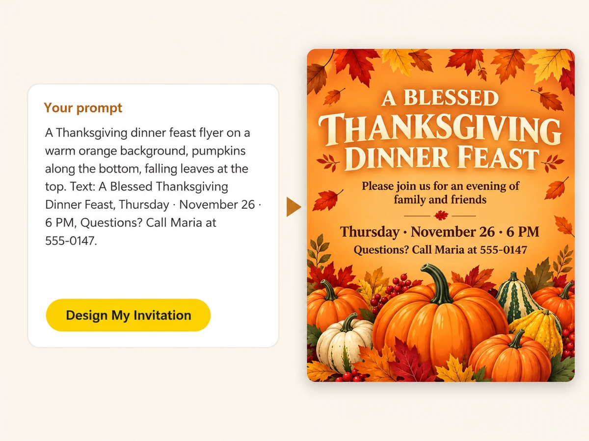 A written prompt next to the Thanksgiving feast flyer the AI Thanksgiving invitation maker designed from it