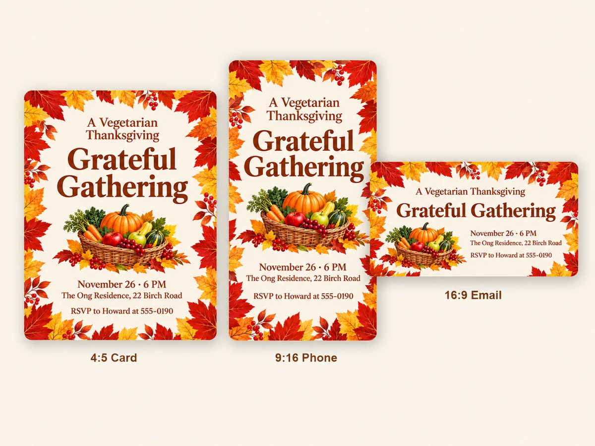 The same Thanksgiving invitation laid out as a 4:5 card, a 9:16 phone invite, and a 16:9 email banner