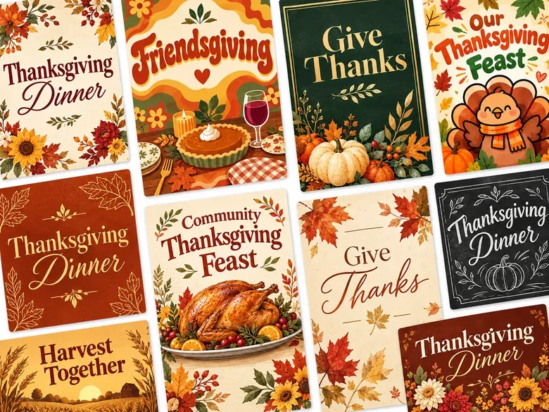 Grid of Thanksgiving invitation templates and flyers in orange, brown, and cream
