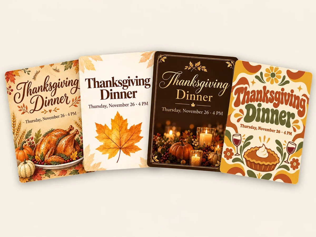 Four Thanksgiving invitation templates in rustic, minimal, elegant, and Friendsgiving styles