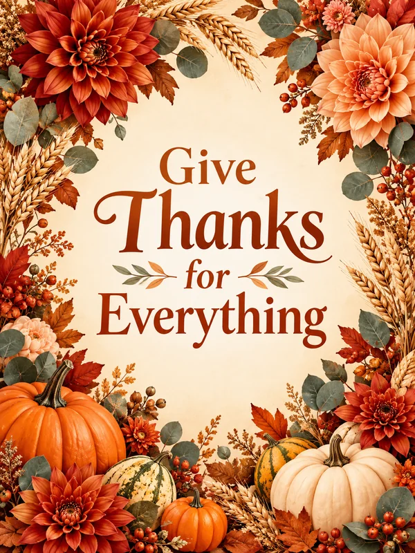 Fall harvest Thanksgiving invitation with pumpkins, gourds, and orange flowers
