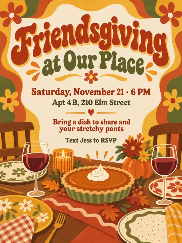 Retro Friendsgiving invitation with groovy lettering, pumpkin pie, and wine glasses