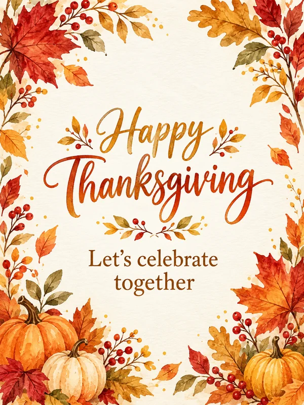 Watercolor Happy Thanksgiving flyer with autumn leaves and pumpkins