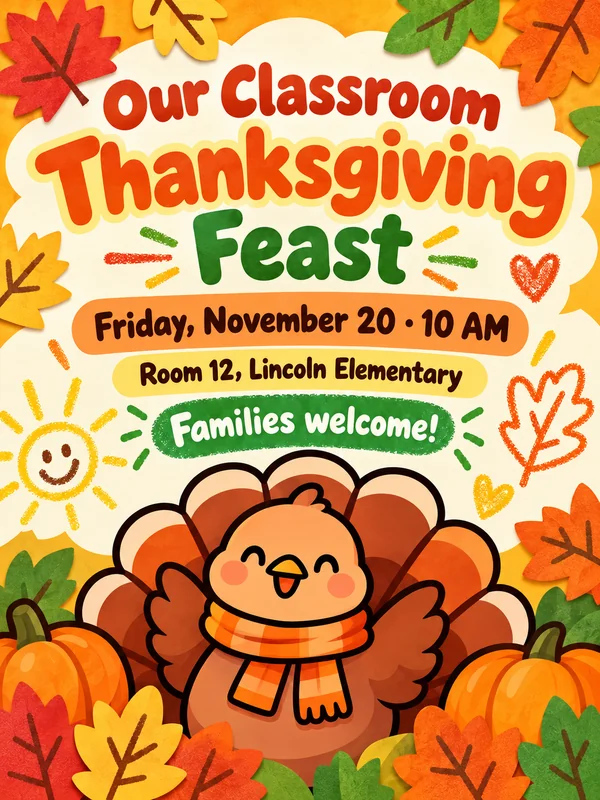 Cartoon turkey in a scarf with pumpkins for a classroom Thanksgiving feast invitation