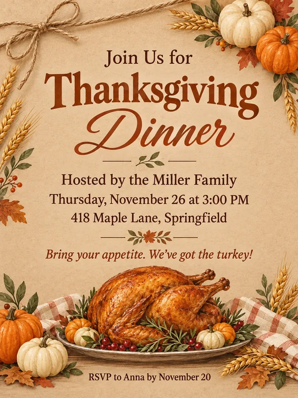 Thanksgiving dinner invitation template with a roast turkey illustration on cream paper