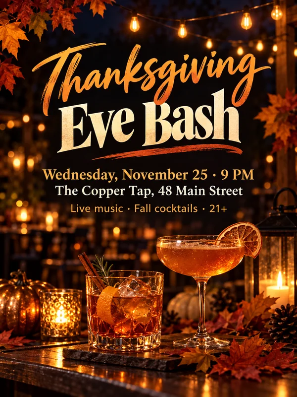 Thanksgiving Eve Bash flyer with string lights and amber cocktails