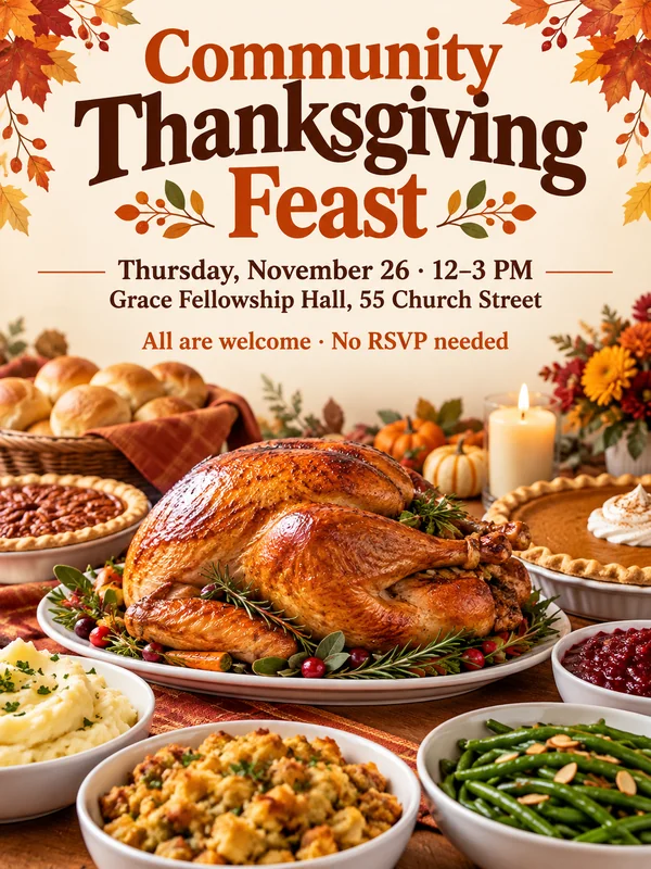 Community Thanksgiving feast flyer with a roast turkey and side dishes