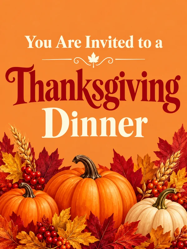 Thanksgiving poster invite with a bold red headline and orange pumpkins