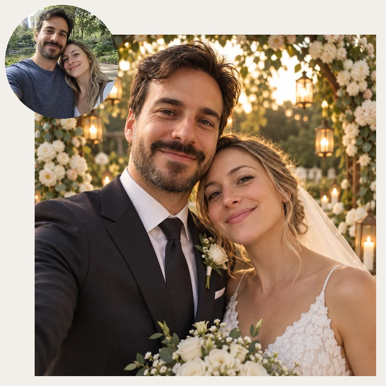 AI wedding photo generator: a couple photo turned into a romantic portrait under a glowing floral archway
