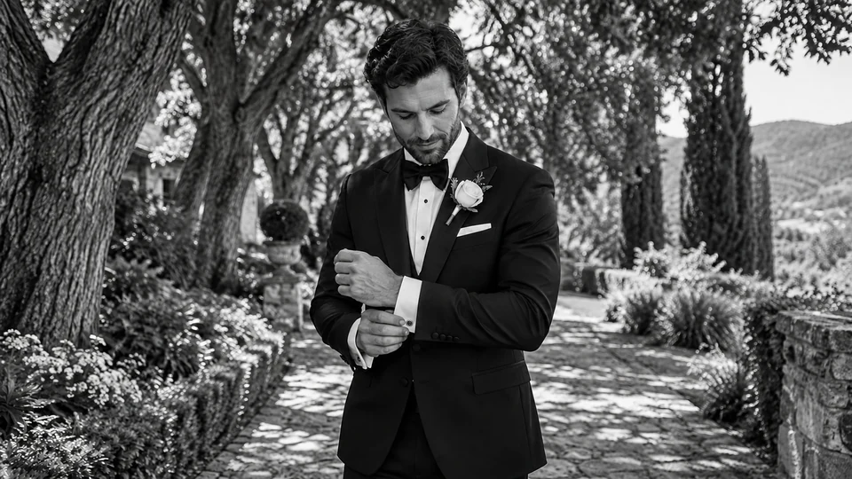 Drag to compare the color photo of the groom and the black-and-white wedding photo edit (after)
