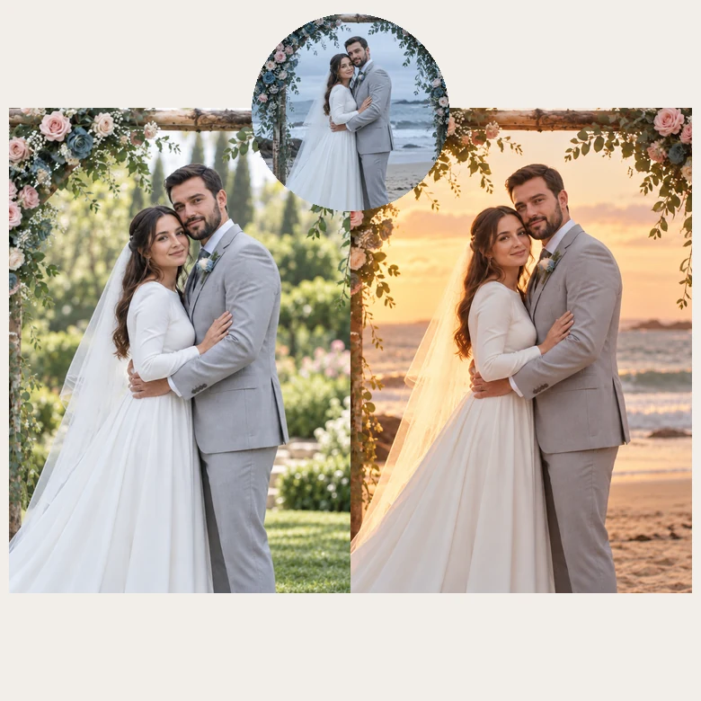 The same wedding couple moved from a garden to a beach at sunset and under a floral arch
